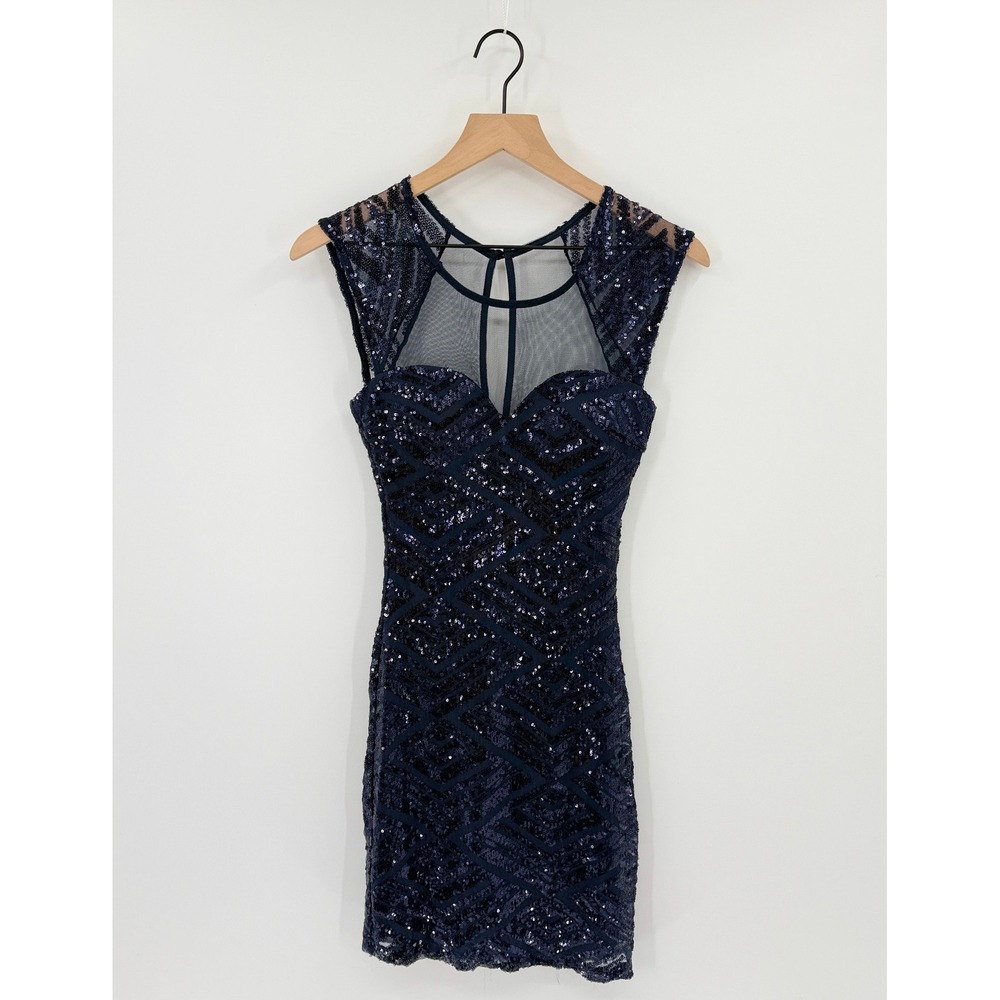 Sparkly Sequin Mini Bodycon Dress Mesh Overlay Navy Blue Jr 1 Homecoming Party